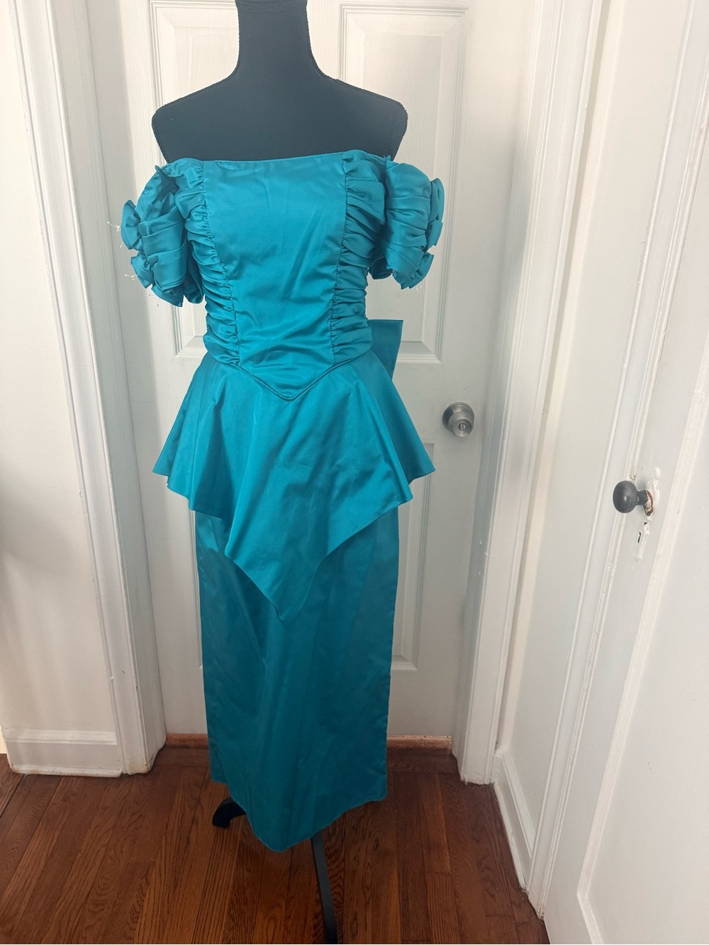 Teal Off-Shoulder Peplum Evening Dress